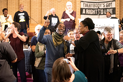 Pastor Wesley Morris takes a turn on the microphone with the Jump Off Choir at the Poor People’s hearing in Greensboro, North Carolina, Oct 29th, 2018.