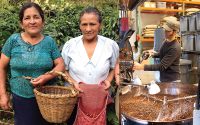 Three individuals of Grounds for Change engaging in different stages of coffee-making
