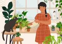 Image: cartoon woman watering plants. Topic: Plants that Clean the Air