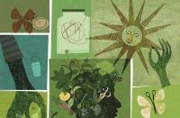 illustration with person with plants representing the hair, the image looks like a collage