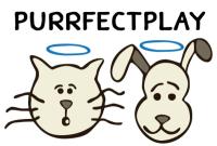 Purrfectplay's logo- a cat and dog head next to each other.  Each has a blue hallo over its head.  