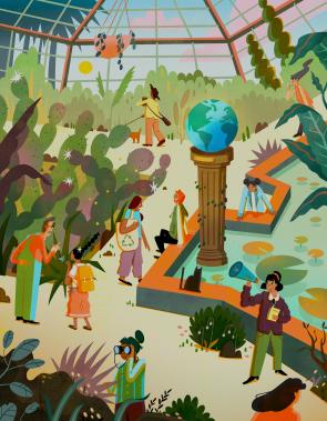 illustration of people wandering a large abortorium