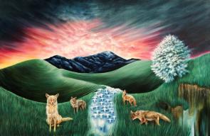 Painting of four coyotes around a river of sheep in rolling green hills and a washed red sunset. 