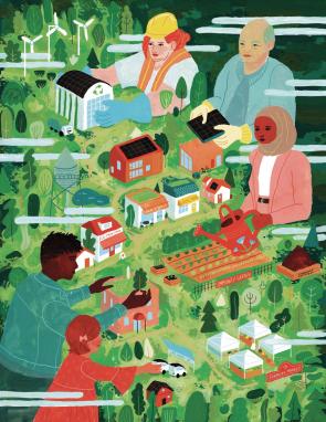illustration of people of different ages, races, and ethnicities working together to build a mini model of a city. The city has renewable energy, community gardens, a library, and a farmers market.
