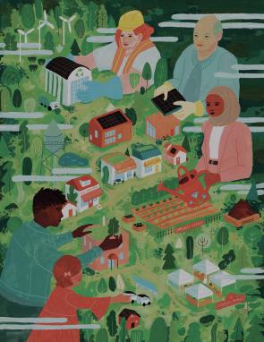 Erin McCluskey illustration. Several people of different ages and ethnicities are working on a model of a neighborhood with clean energy, cute homes, and gardens.