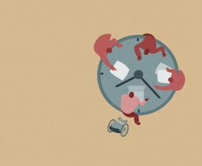 a conceptual illustration. It's a birds eye view of four people sitting around a table looking at papers and discussing. The table has hands like a clock.