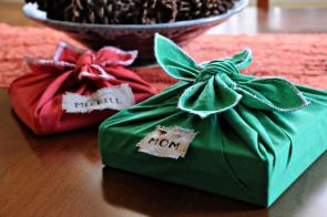 Gifts wrapped in reusable fabric.