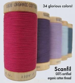 Scanfil organic cotton thread is Tex 35 for multi-purpose sewing.  Comes in 34 colors on 300 yard spools or 5000 meter cones.