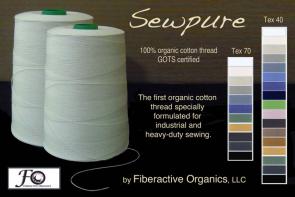 Sewpure organic cotton thread is for industrial sewing, Tex 40 is multi-purpose, Tex 70 is heavy-duty, custom colors are available.