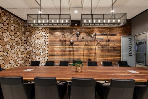Barnwood paneling and walnut lumber for conference table
