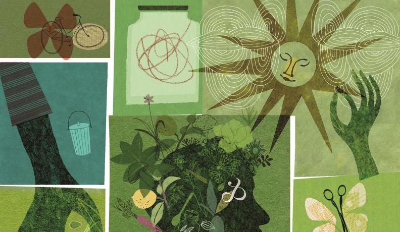 illustration with person with plants representing the hair, the image looks like a collage