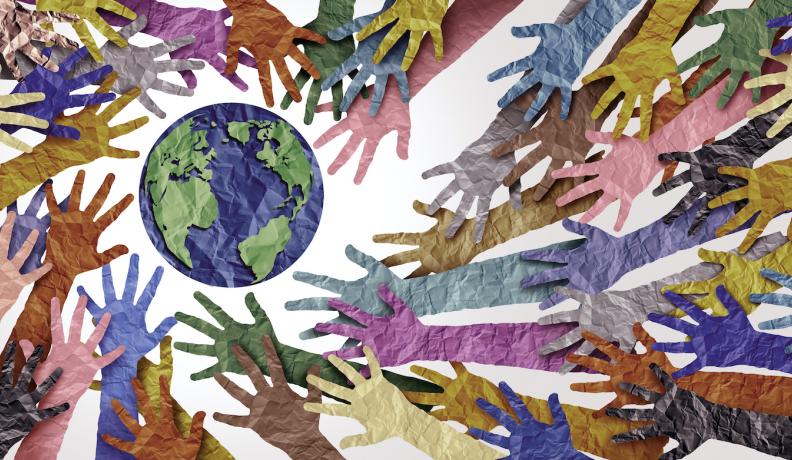 Hands reaching toward the Earth.
