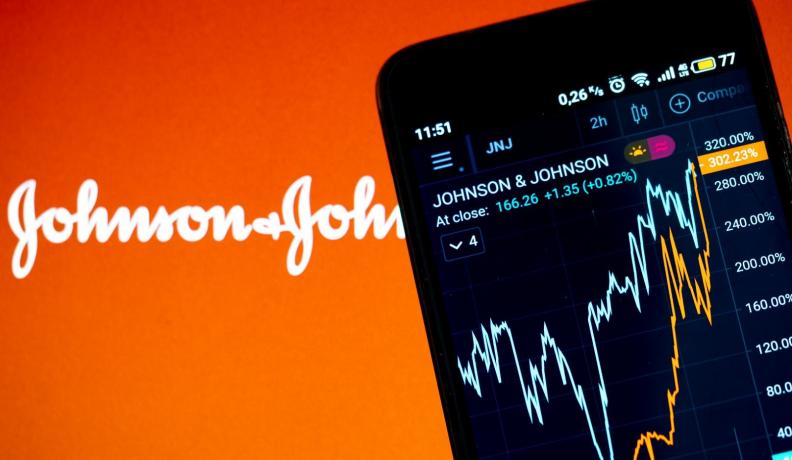phone displaying johnson & johnson stock information