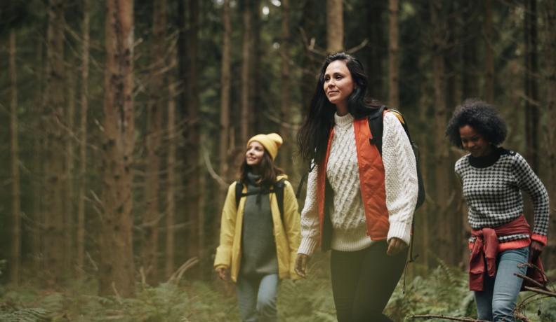 three women hiking in sweaters in a lush green forest
