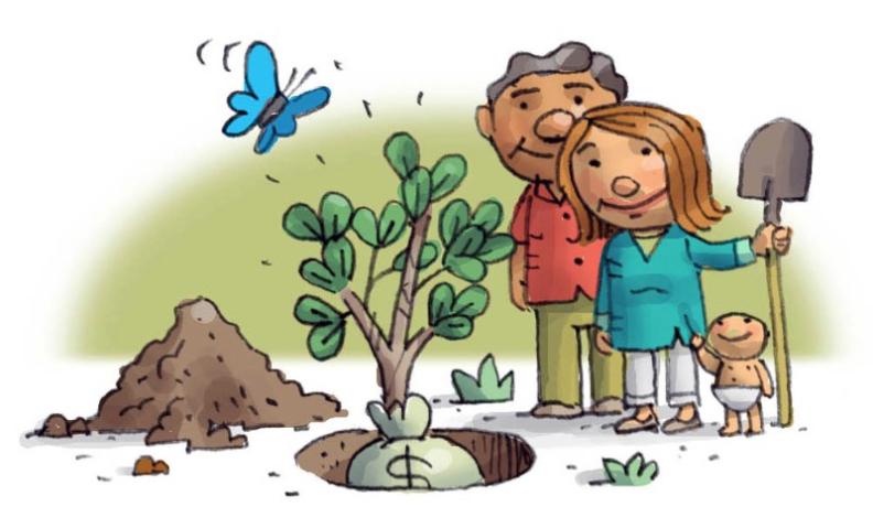 illustration of a couple looking at the money tree they planted.