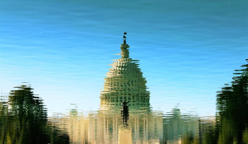 reflection of capitol hill in a body of water.