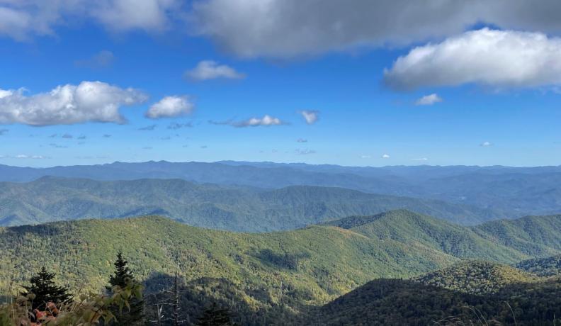 wide view of the blue ridge mountains. The closest mountains are green and turn blue the farther away they are. 