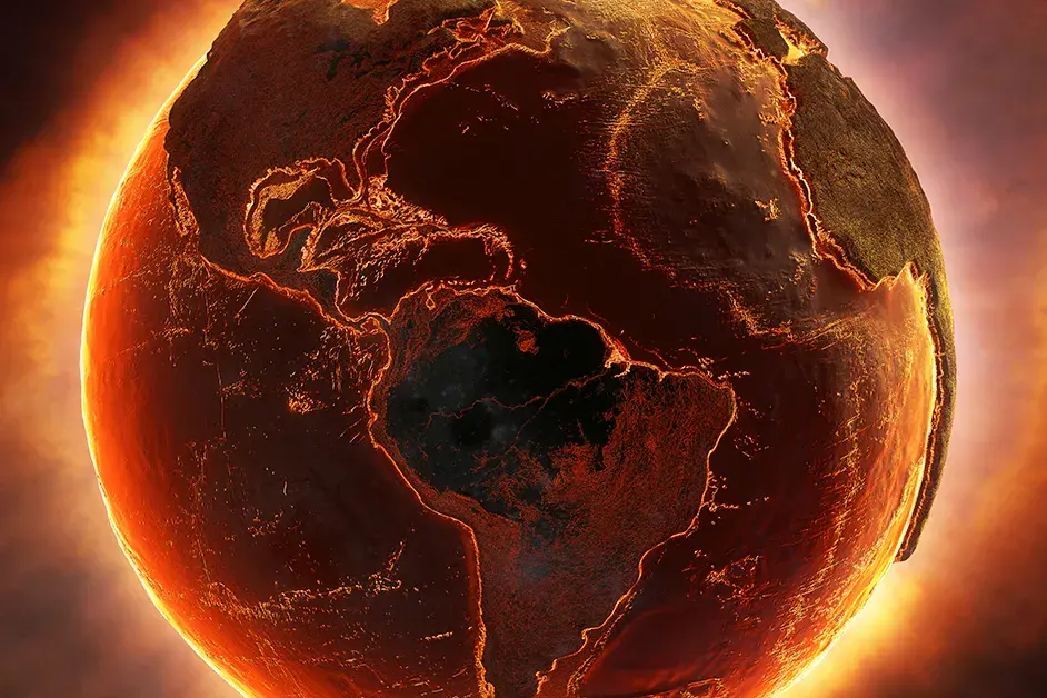 A brown- and orange-toned image of the Earth on fire.