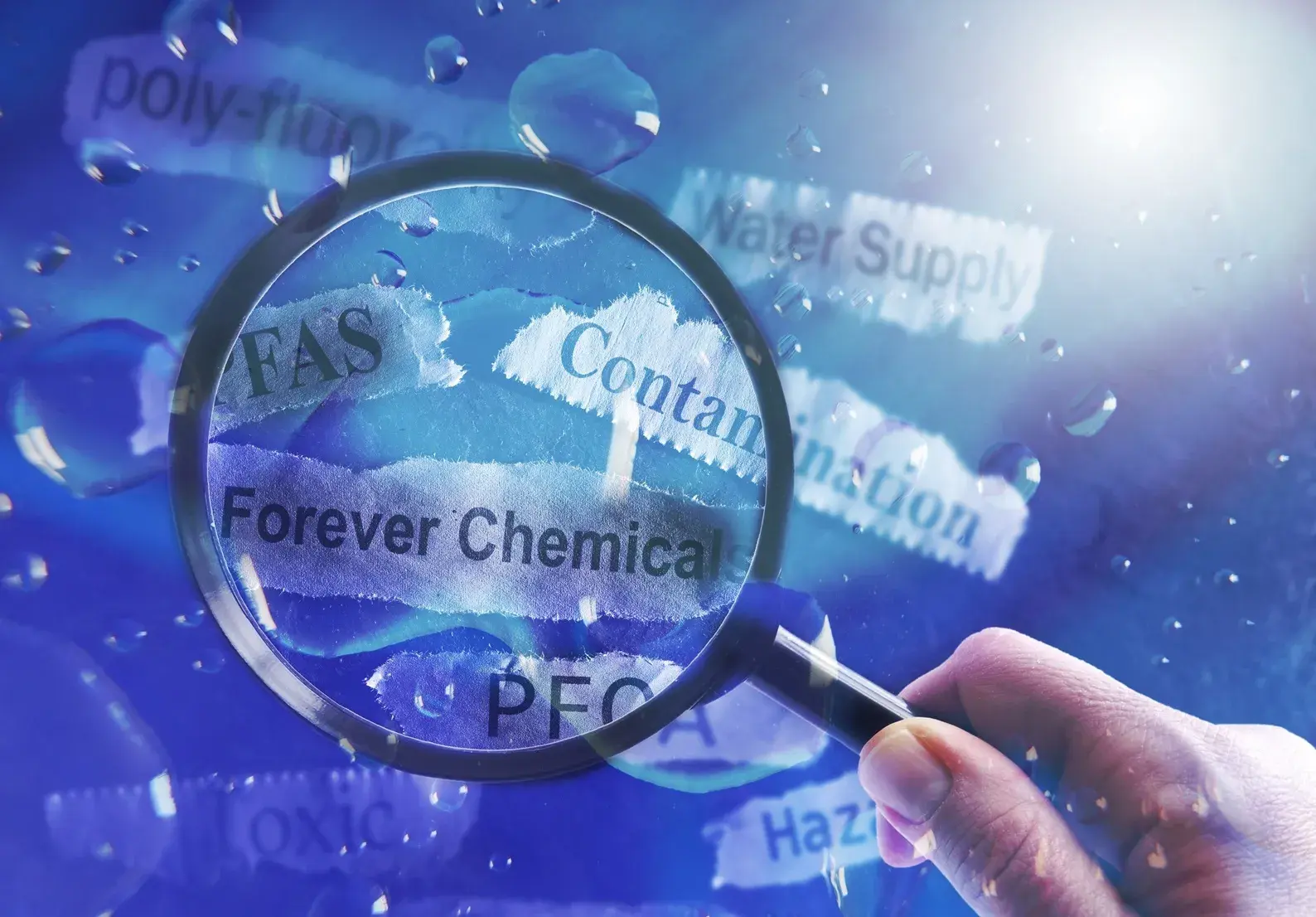 A magnifying glass zooming in on the phrases "forever chemicals," "PFAS," and "contamination."