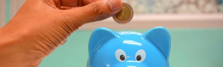 A hand putting a coin in a piggy bank