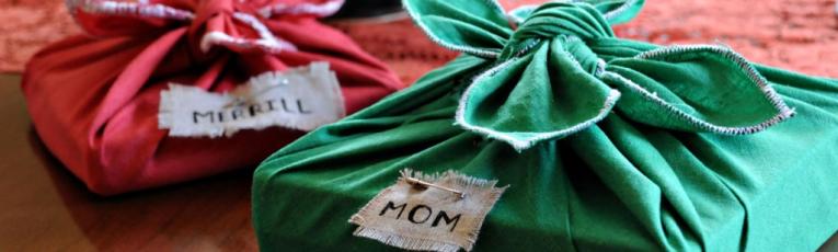 Gifts wrapped in reusable fabric.