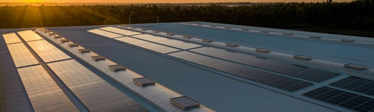 solar panels in the sunset