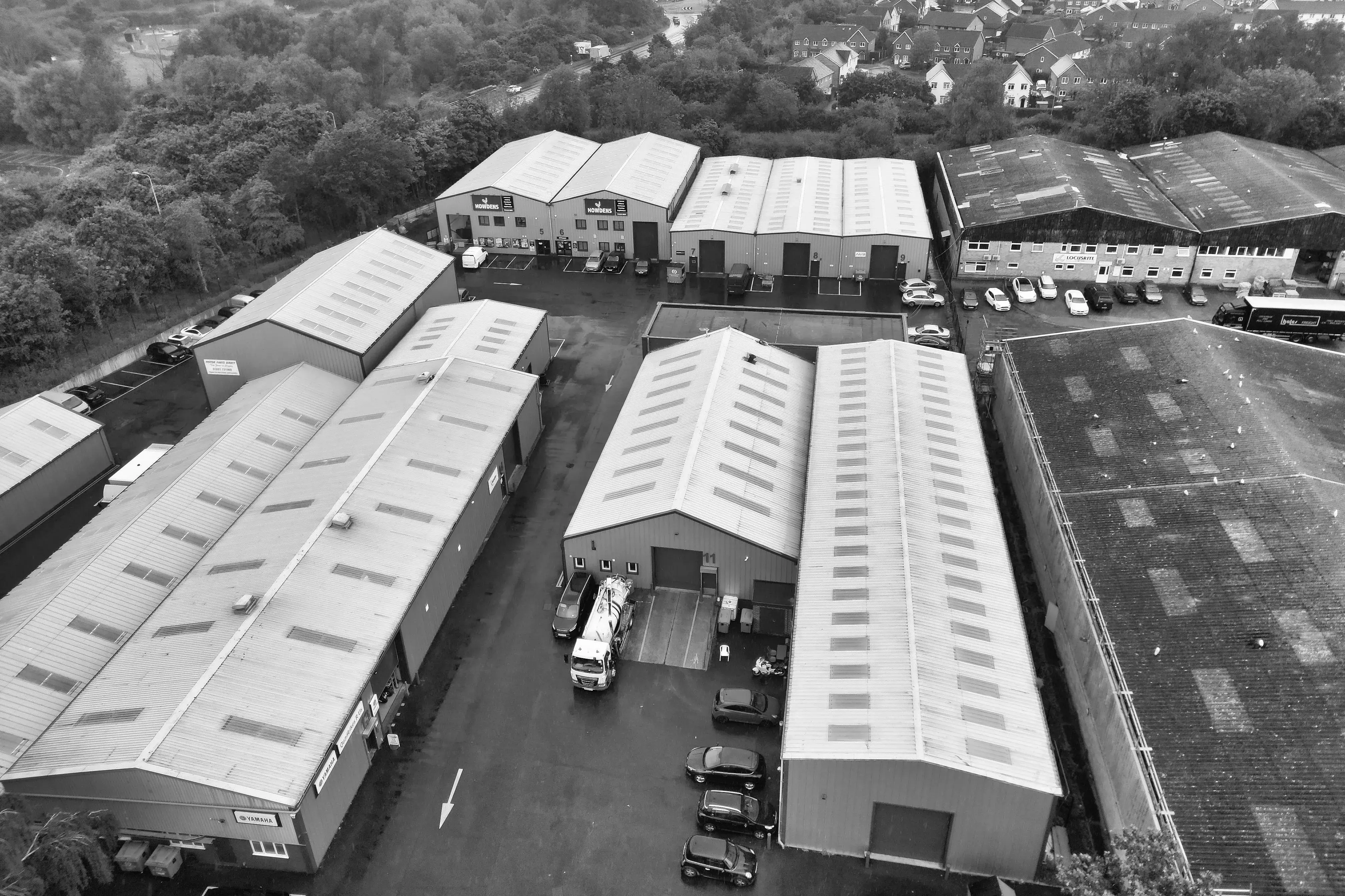 black and white image of warehouses.