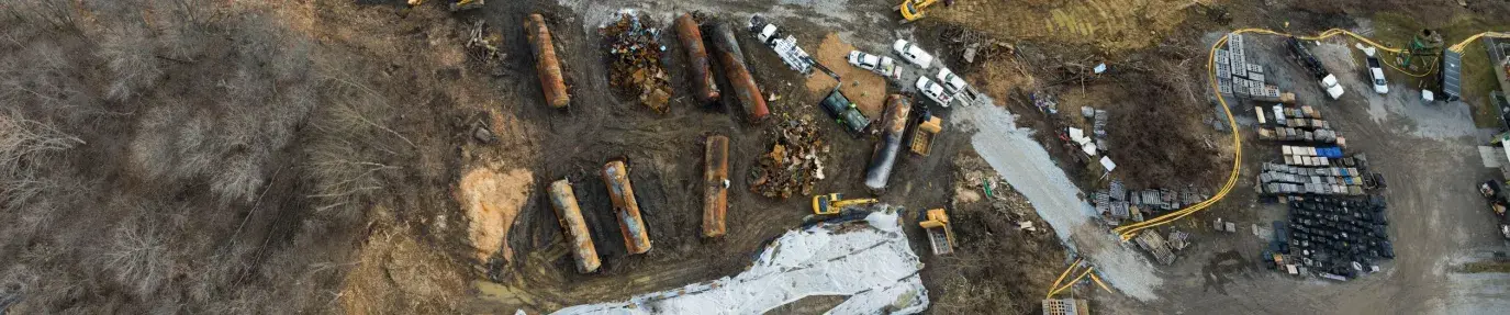 Drone image of the Norfolk Southern train derailment cleanup in East Palestine, Ohio.