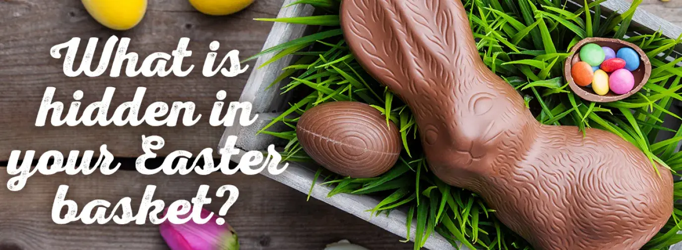 chocolate bunny with text "what is hidden in your Easter basket?"