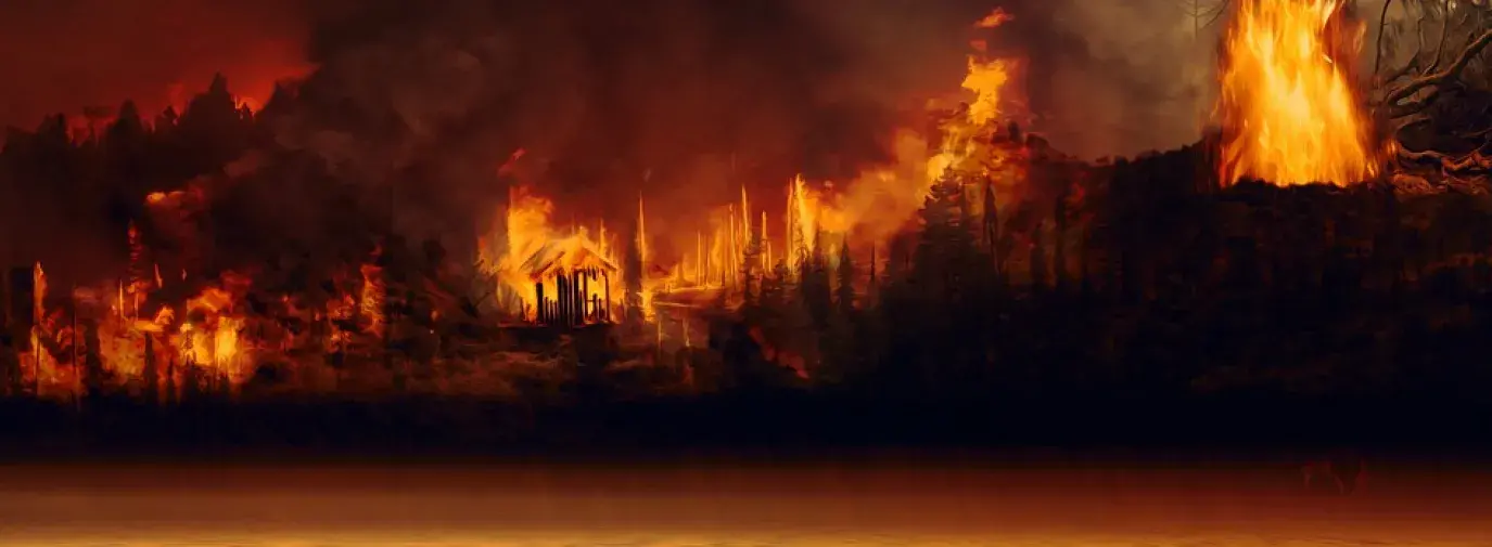 Image: children wading through a river, with a forest fire in the background. Title: The Tragedy in the Amazon: What We Can Do 