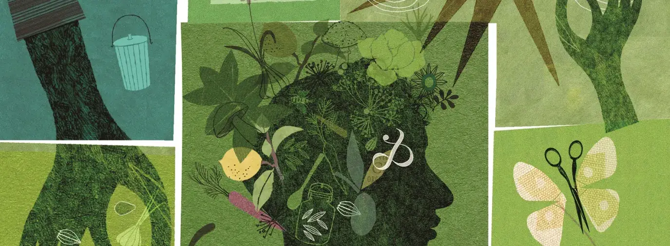 illustration with person with plants representing the hair, the image looks like a collage