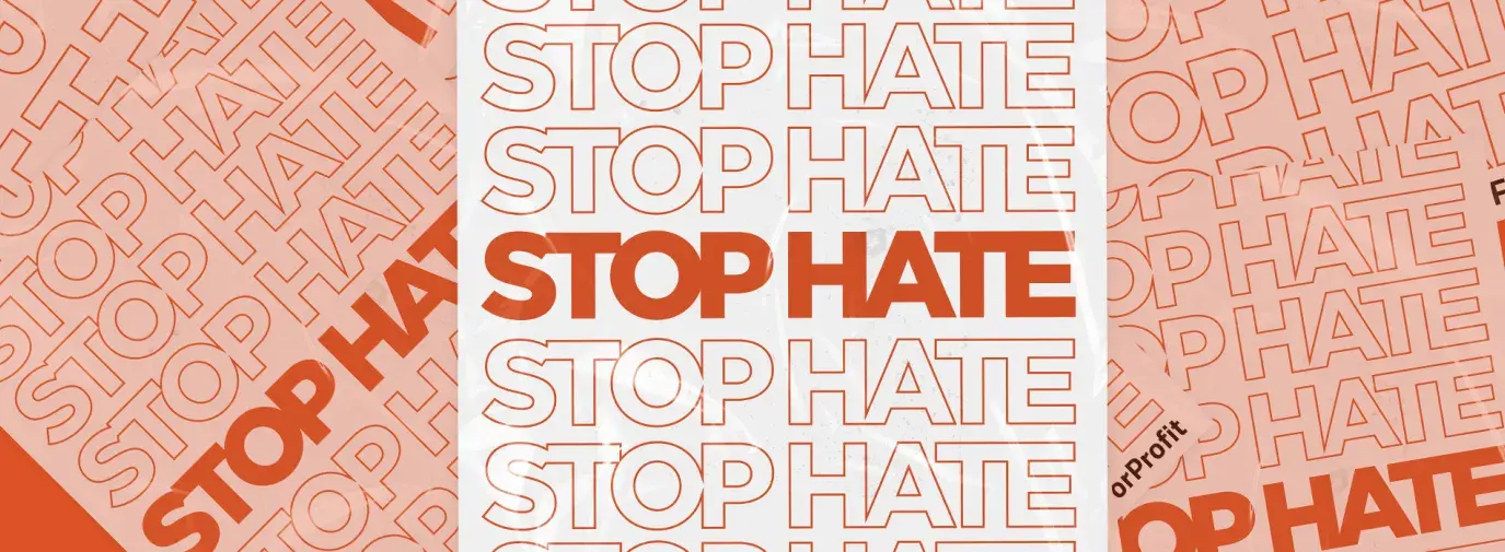 Stop hate written in all caps in orange and white, stacked on top of each other like the Thank You plastic bags. 