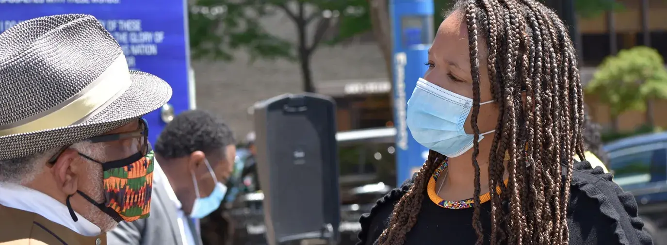 Robin Rue Simmons at a press conference about equity in education in Evanston, Illinois. Photo by Heidi Randhava.