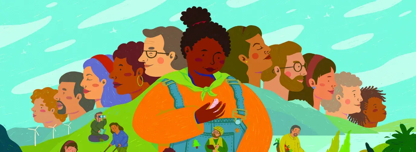 illustration of people working together on a green landscape