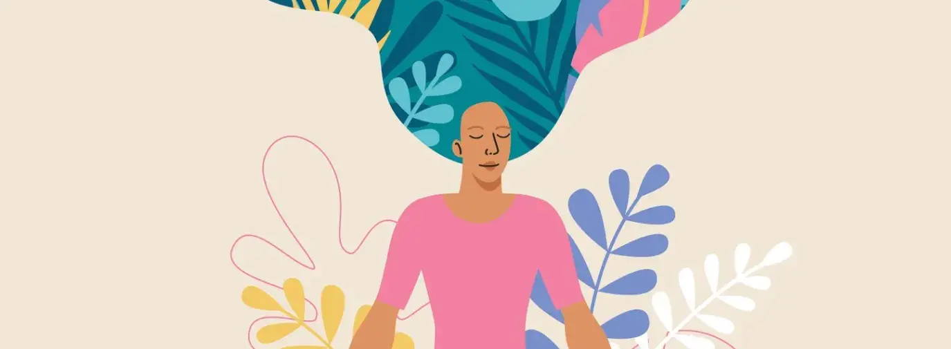illustration of a person meditating on a yoga mat. Their hair billows upwards into colorful tropical leaves