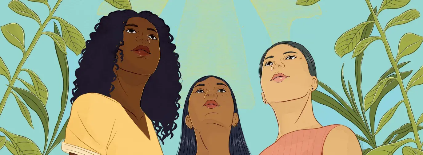 three women looking towards the sun illustration. by Stephanie Singleton