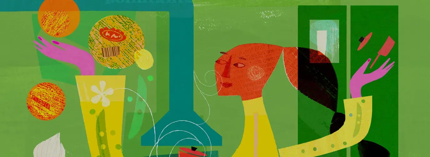 illustration of person cooking and dancing in the kitchen