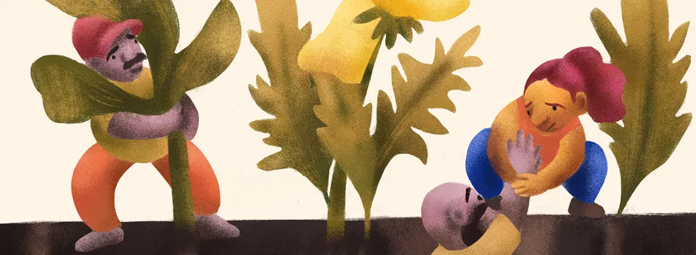 illustration of people pulling other people up from below the ground