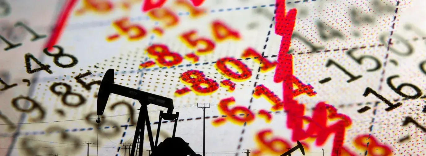 abstract collage of stock market numbers overlayed on top of the silhouette of a gas mining operation