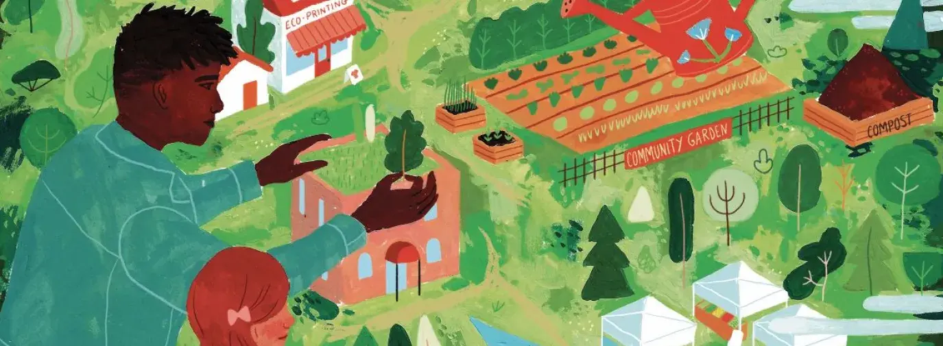 illustration of people of different ages, races, and ethnicities working together to build a mini model of a city. The city has renewable energy, community gardens, a library, and a farmers market.