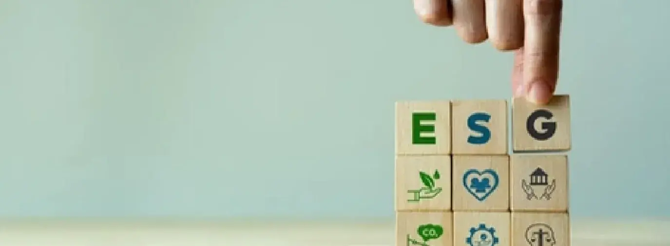 There are nine blocks with symbols of giving, justice, caring, and reduced CO2. At the top of the stack, there are the letters "E" and "S". A hand is placing a third block, "G" at the end.