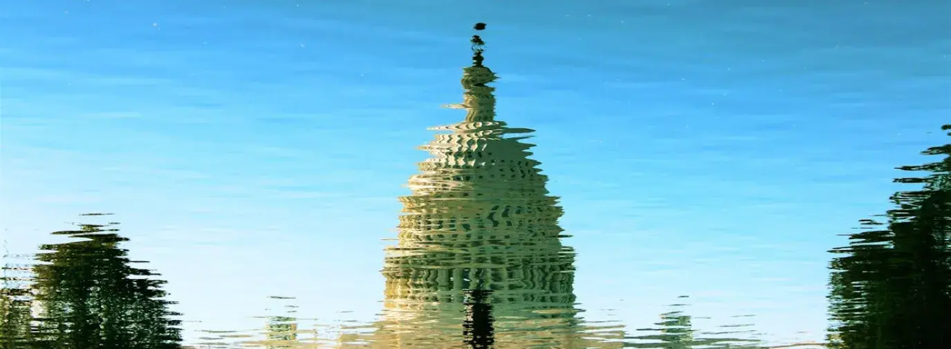 reflection of capitol hill in a body of water.