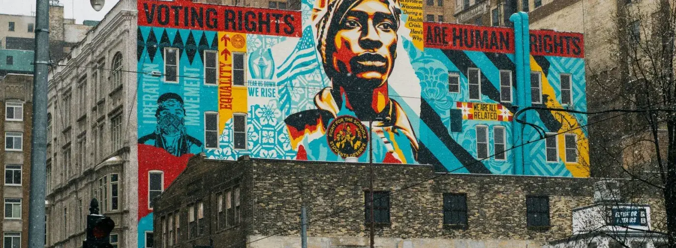 voting rights is human rights mural in a downtown