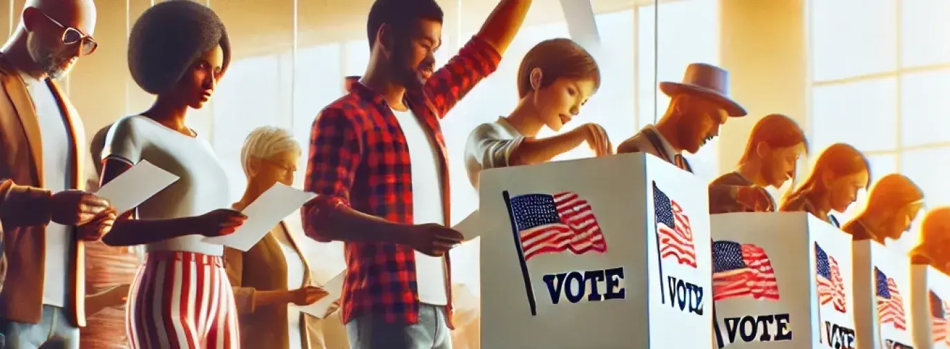 voters of diverse backgrounds at the voting booth casting their ballot, participating in democracy in the USA