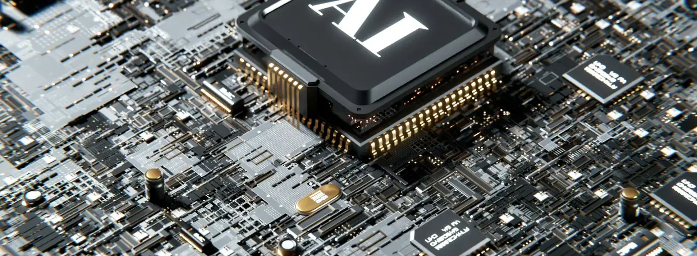 Close-up photograph of a black computer processor chip labeled 'AI' mounted on a circuit board, surrounded by various electronic components, gold pins, and circuitry