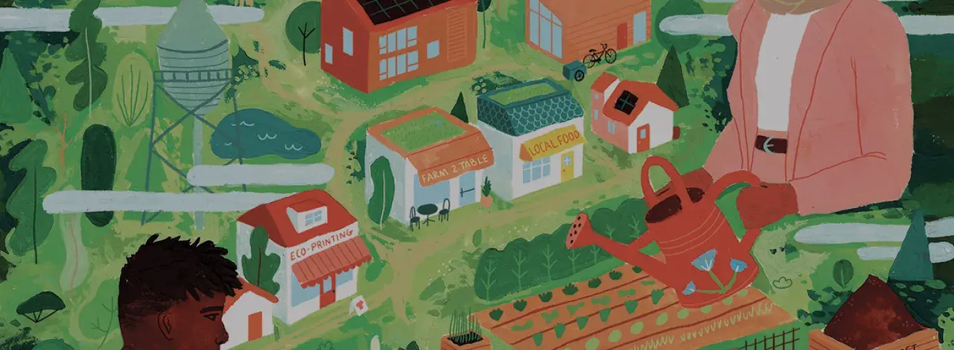 Erin McCluskey illustration. Several people of different ages and ethnicities are working on a model of a neighborhood with clean energy, cute homes, and gardens.