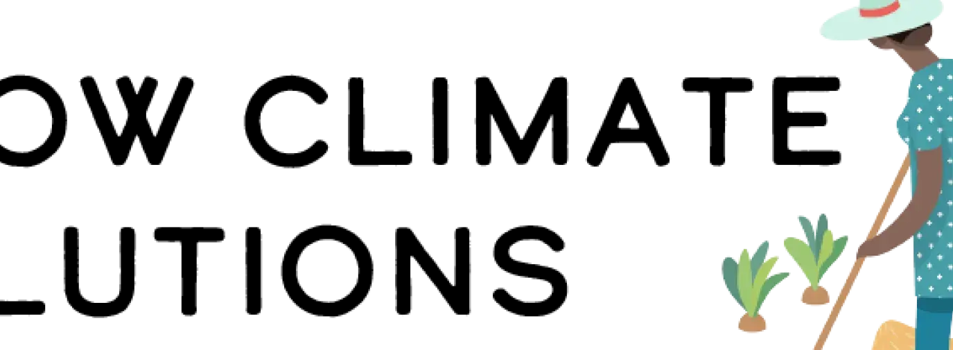 Webinar, grow climate solutions with Climate Victory Gardening. Illustration of woman raking garden.