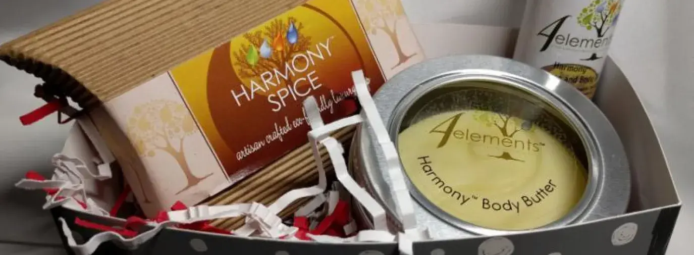 custom gift pack of holiday-themed soap, body butter, and body oil from 4Elements Bath