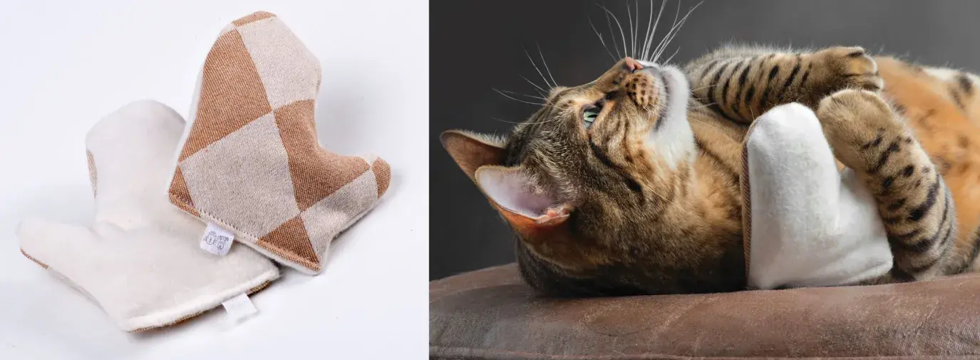 tabby cat playing with a catnip mitten toy. Mitten from Purrfect Play is brown and beige checkered. 