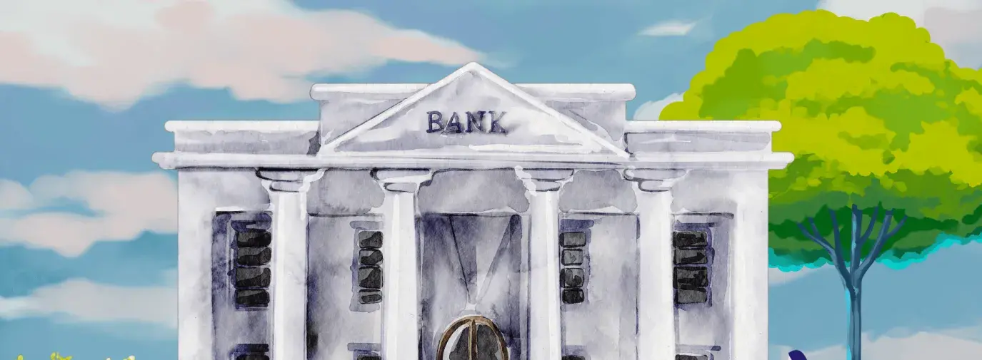 Illustration of a woman walking towards a bank, with a bench, tree, and bushes surrounding.